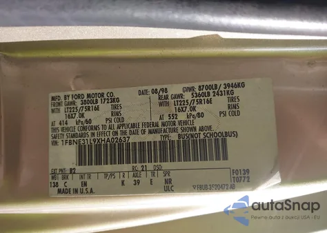 1999 Ford E-350 Super Duty Xl/Xlt из США, поврежденный, VIN 1FBNE31L9XHA02637